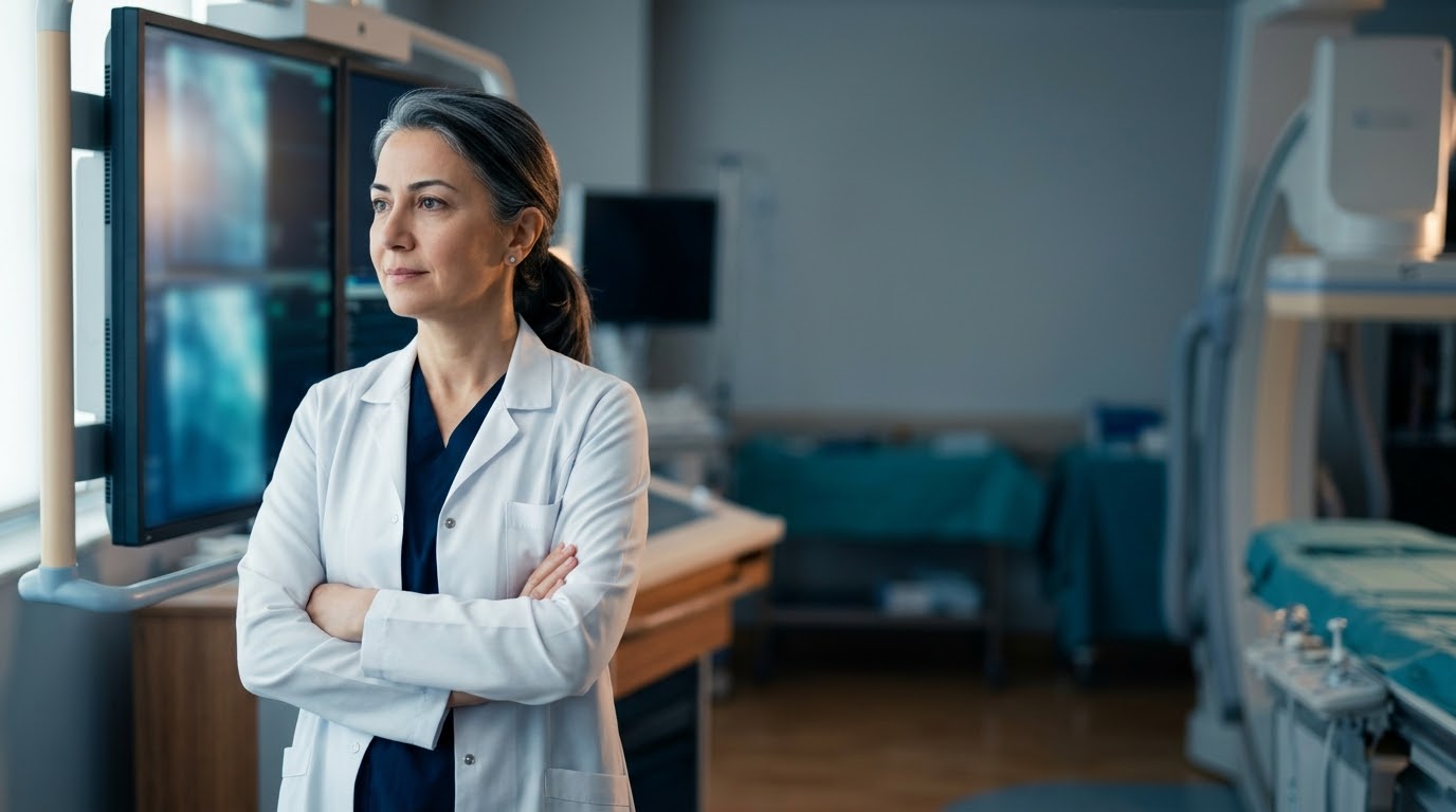 Prof. Dr. Selin Aydın, kateter laboratuvarında monitörlerin önünde.