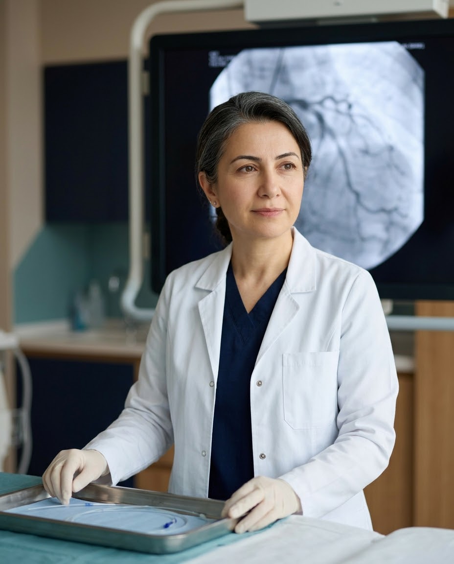 Prof. Dr. Selin Aydın kateter laboratuvarında, arkasında koroner anjiyografi görüntüsü.